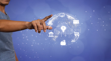 Businessman creates a virtual icon global internet connection metaverse internet connection...
