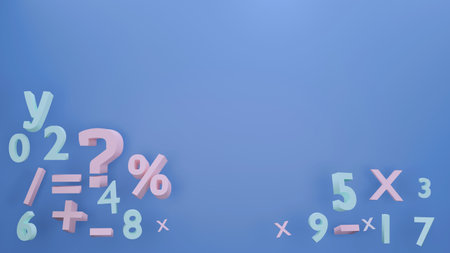 Numbers 0-9 and math symbols, computational education concept, minimalist style pastel blue...