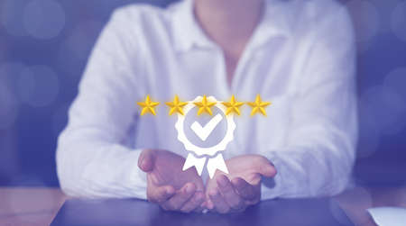 Hands show signs of top service. of excellent service, 5 star quality assurance, warranty, standard,...
