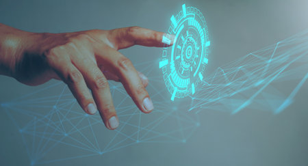 Businessman hand pointing Hud futuristic element technology setting is isolated from dark background. hi-tech user interface.の写真素材