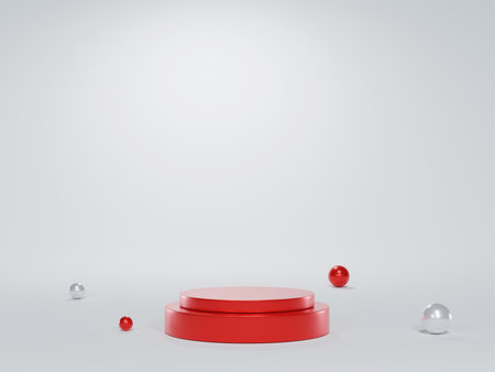 Red pedestal shows luxury product packaging presentation with abstract white background isolated and golden balls on the floor, 3D rendering.の写真素材