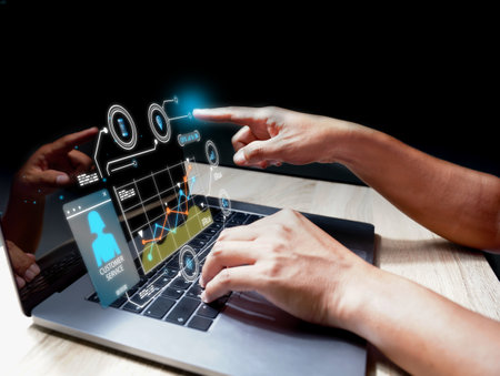Customer Relationship Management, Businessman use computer with global structure customer network technology, Data exchanges development. customer service, social media. digital marketing onlineの写真素材
