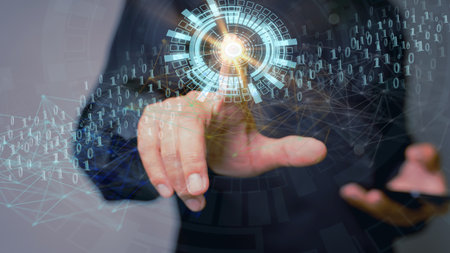 Blockchain technology and blockchain network business banner ideas Global cryptocurrency blockchain title. Blockchain title side view with 0's and 1's flying on top. image of investorsの写真素材