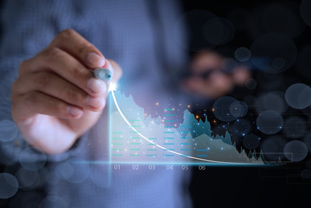 Investor growth chart and investment analysis concept of business growth in stocks, profits, development and success. Presentation of financial market graphs on stock market developments and profits.の写真素材