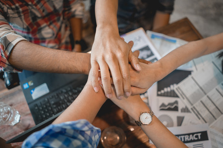 Business teamwork hand together. Success people meeting group working in office. Trust support power...