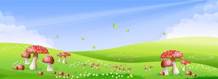 Green meadow with a beautiful mushroom color with a bright sky のイラスト素材