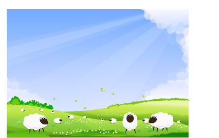 Sheep grazing in a green field.のイラスト素材
