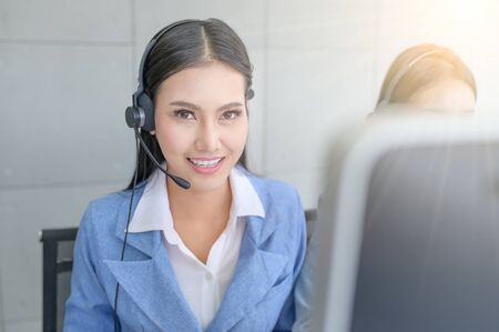 Call Center Service. Photo of customer support or sales agent.  Help line answering and...