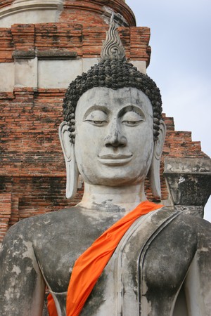Buddha statue at Wat Yai Chai Mongkol in Ayutthayaの写真素材