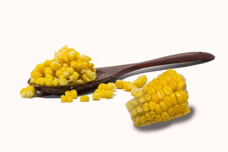 sweet corn on wood spoonの写真素材