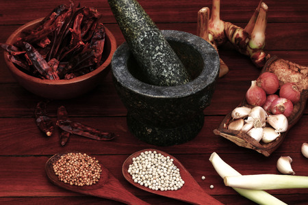 many thai herbs for make curry paste before thai cookingの写真素材