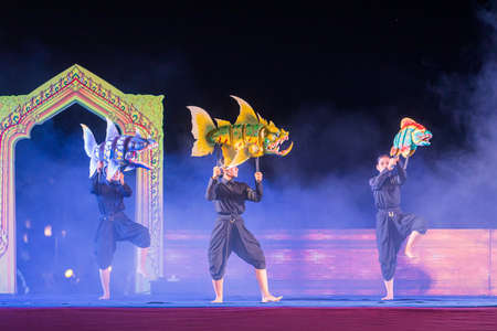 Sukhothai Province,Thailand- November  2019 :Thai puppets in story Ramayana show in open public place, in Sukhothai Historical on candle festival, free show on public stageのeditorial素材