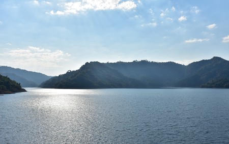 mountains in a damの写真素材