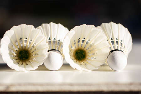 The badminton shuttlecock is placed on a white surface for competition use