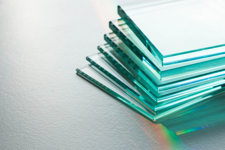 several sheets of clear glass Different thicknesses on a white background. Close-up.の写真素材