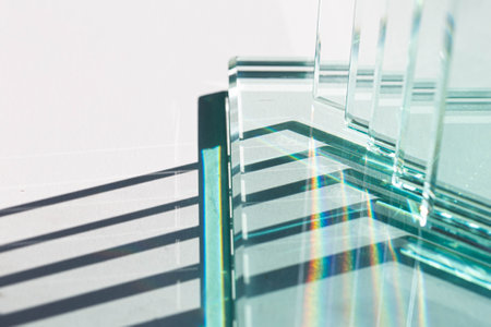 Transparent glass stairs on a white background, close-up.の写真素材
