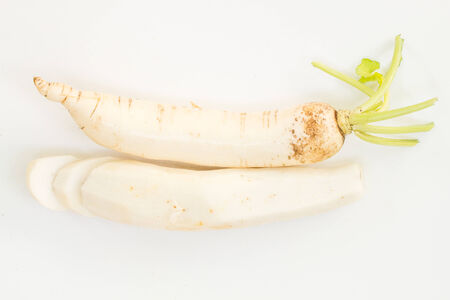 Daikon radishes isolated on white backgroundの写真素材
