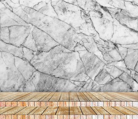 Backdrop  marble wall and wood slabs arranged in perspective texture background.の写真素材