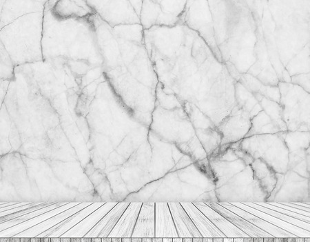 Backdrop gray  marble wall and wood slabs arranged in perspective texture background.の写真素材