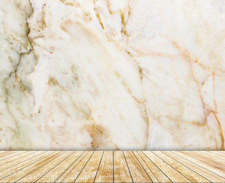 Backdrop gray marble wall and wood slabs arranged in perspective texture background.の写真素材