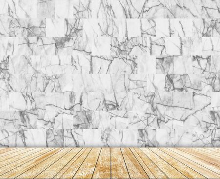 Backdrop  marble wall and wood slabs arranged in perspective texture background.の写真素材