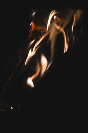 Flames of fire on a black background. Burning wood in the furnace.の写真素材