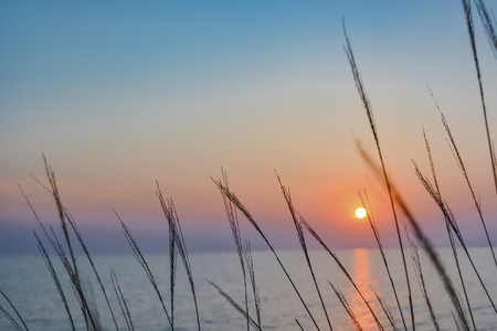 Morning at sea. Evening at sea. Sunset or sunrise. Landscape.の写真素材