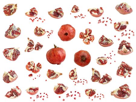 Set, a set of whole pomegranates and pomegranate slices in different angles on a white backgroundの写真素材