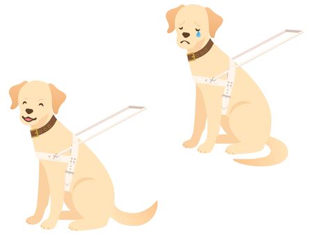 Illustration Set of Guide Dogs Sitting with Two Different Facial Expressions (Smile / Sad)のイラスト素材