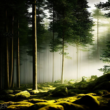An illustration of a trail in a mysterious forest