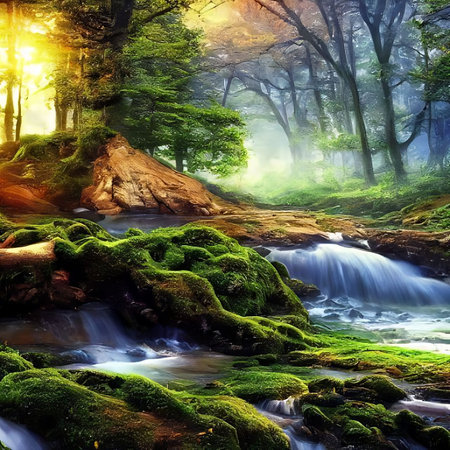 Beautiful 3D Nature and landscape wallpaper of a waterfall in a forest with sun ray pc backgroundの写真素材