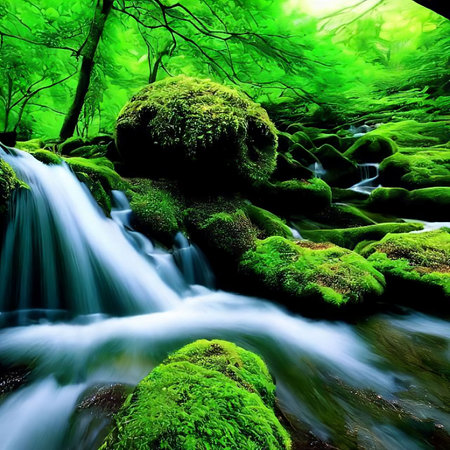 Beautiful 3D Nature and landscape wallpaper of a waterfall in a forest with sun ray pc backgroundの写真素材
