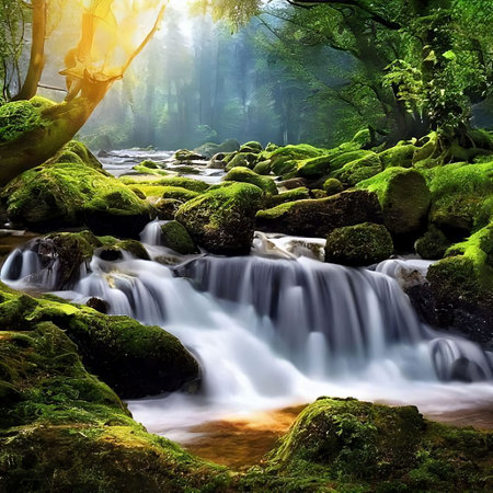 Beautiful 3D Nature and landscape wallpaper of a waterfall in a forest with sun ray pc background