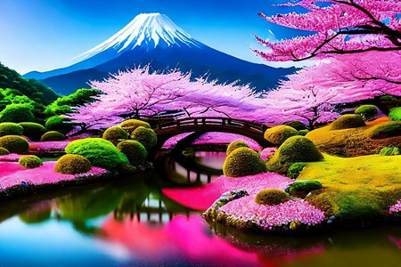 Beautiful 3D Nature and landscape wallpaper, Japanese Park with Cherry Blossom Treeの写真素材