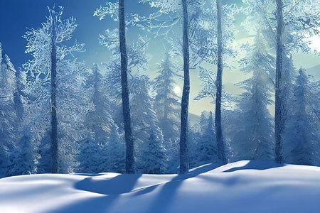 Beautiful 3D Nature and landscape wallpaper of a winter morning, ice pine trees view with sunshine
