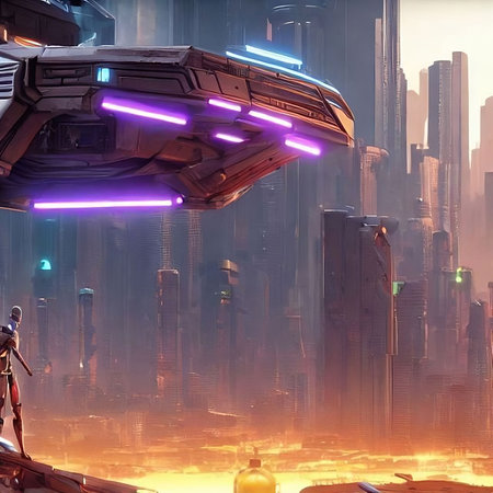 A sci-fi futuristic cyborg city. Neon light, the alien spaceshipの写真素材