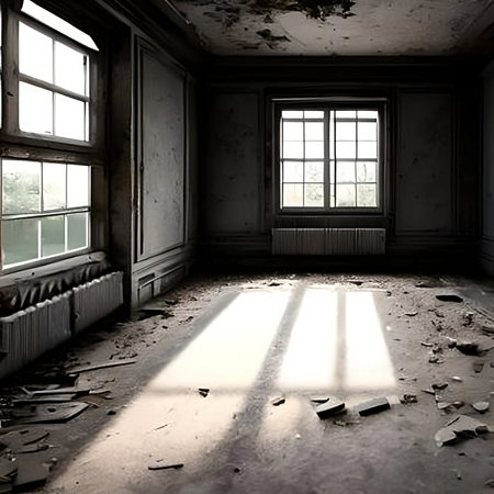 Empty old abandoned room with wooden walls, glass window and floor, dark horror interior, ancient vintage building, monochrome, generative aiの素材