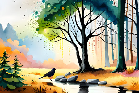 Forest landscape with trees and a bird on the lake. Vector illustration, watercolor painting, generative aiの素材