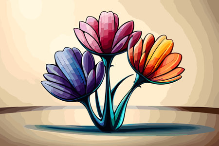 Illustration of colorful flowers in cartoon style on a beige background, generative aiの素材