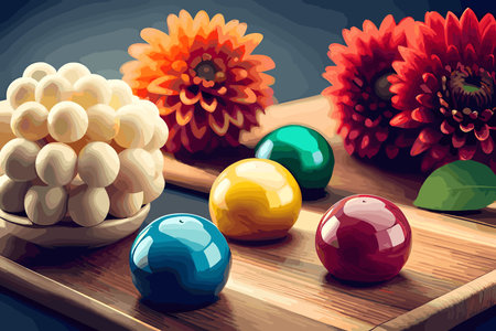 Colorful shiny stones and dahlias on a wooden board, beautiful decoration, vector, generative aiの素材