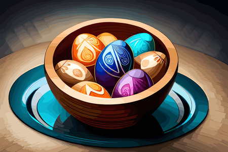 Easter eggs with beautiful artwork designs in wooden bowls on dark backgrounds. Vector illustration, generative aiの素材