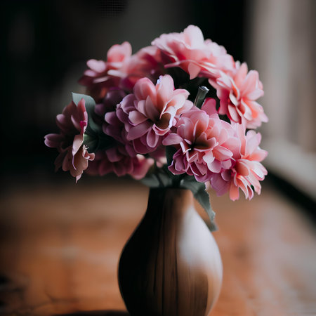 Bouquet of beautiful pink flowers in a vase on a wooden table, spring floral decoration, illustration, generative aiの素材
