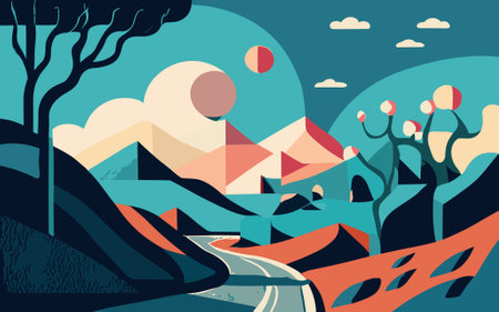Landscape with mountains and road, surreal landscape background, Vector illustration in flat style, generative aiの素材