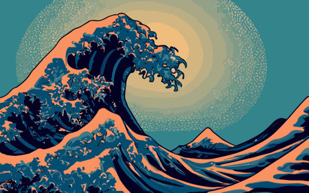 Vector illustration of a big sea wave, surreal nature abstract, sea water surfing, wallpaper, generative aiの素材