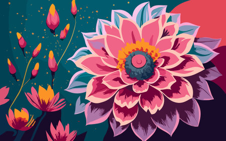 Vector floral background with dahlia and tulips, retro style, spring flower bloom wallpaper, generative aiの素材