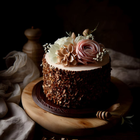 Wedding cake with flowers and honey on a dark background, sweet dessert, homemade cream pastry, generative aiの素材