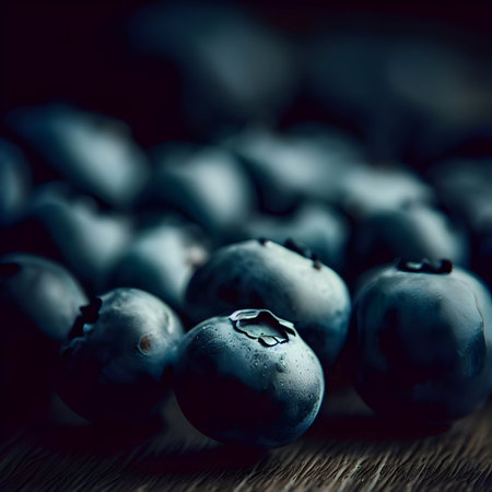 Fresh ripe blueberries on a wooden table, sweet organic fresh summer fruit background, generative aiの素材