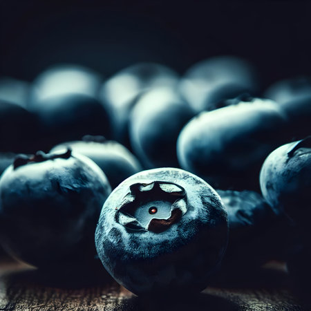 Blueberries on a wooden table, Healthy fruit background, fresh organic ripe fruit, generative aiの素材