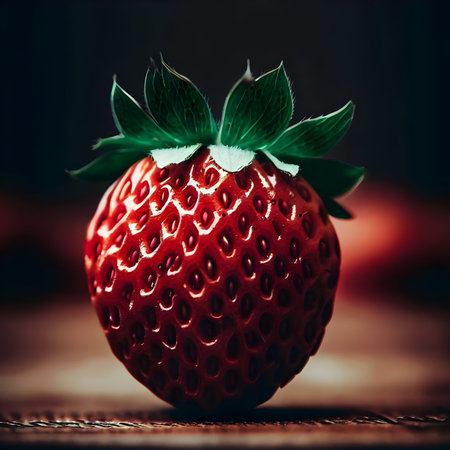 A red ripe strawberry on a wooden background. Vintage style, fresh juicy summer fruit, generative aiの素材