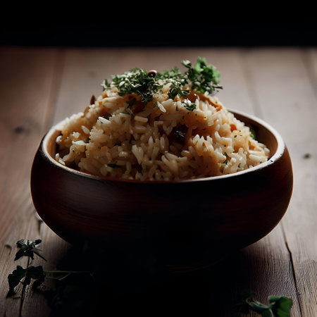Rice with herbs in a wooden bowl on a dark background, basmati rice, Asian traditional dish, generative aiの素材